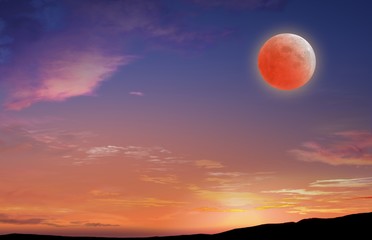 Full moon background  .Red sunset and moon . Glowing sunset and full moon  . Dramatic nature background .Religion background 