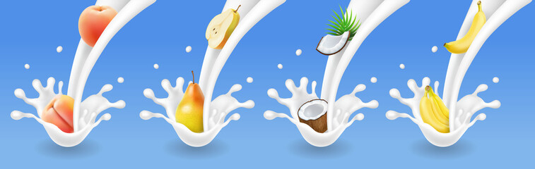 Fruit and milk flow yogurt realistic illustration. 3d vector icon set
