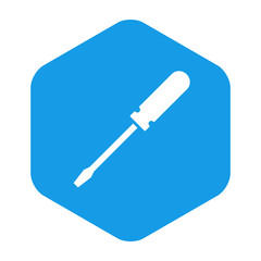 Icono plano destornillador en hexagono azul