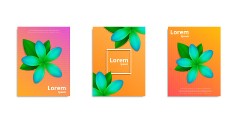Tropical frangipani covers design. Posters with realistic Frangipani flowers. Minimal design