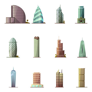 Office buildings. Historical and modern world most visited famous distinctive buildings