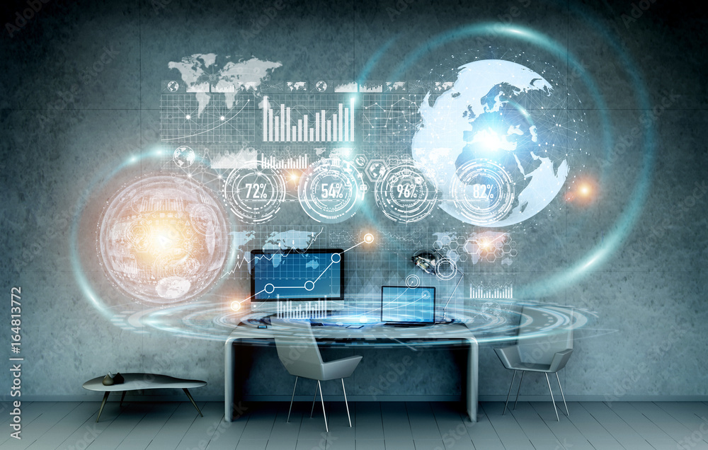 Poster Workplace with modern devices and hologram screens 3D rendering