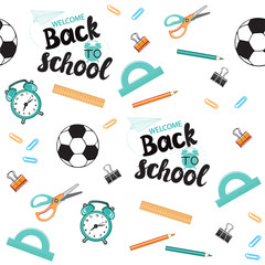 Stationery, alarm clock, scissors, pencil, paper clips, balls, rulers on a white background seamless pattern