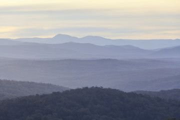 Forested hills fading in the distance with copy space