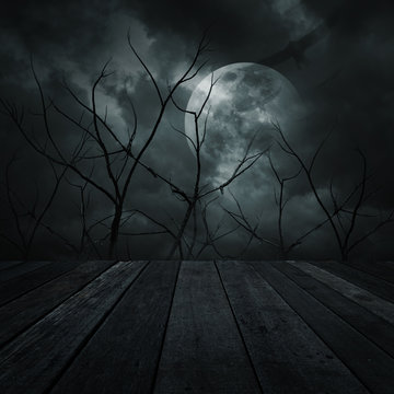 Old wooden table over dead tree, moon, birds and spooky cloudy sky, Halloween background