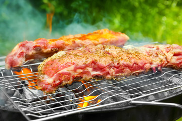 Appetizing juicy spare ribs grilled outdoors