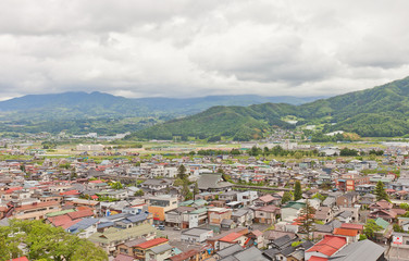 Fototapeta na wymiar View of Kaminoyama city from Kaminoyama Castle, Japan