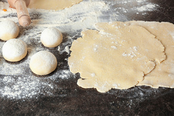 Unleavened dough for tortillas on kitchen table