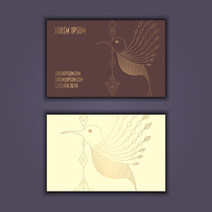 Vector vintage visiting card set. Glowing shiny geometric bird. Luxury design.