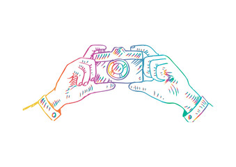 Sketchy of hands holding compact photo camera.