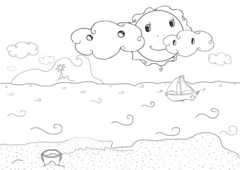 Drawing plate for kids with summer holiday beach landscape 