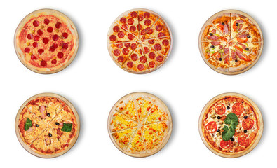 Fototapeta na wymiar Six different pizza set for menu. Meat pizzas with 1-2)Pepperoni 3)Pizza Pepperoni Peppers and Sausage 4) Pizza Hawaii 5)Pizza four cheese 6) with seafood. 
