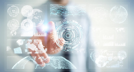 Businessman using digital screens with holograms datas 3D rendering