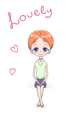 Hand drawn vector illustration of a cute short haired teenage girl in a diagonal cap sleeved top and shorts, sitting, with text Lovely and hearts.