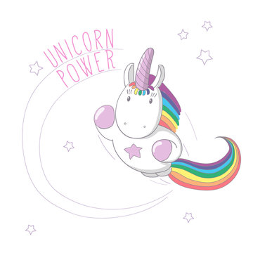 Hand drawn vector illustration of a unicorn with rainbow mane and tail flying like super hero, with text Unicorn power.