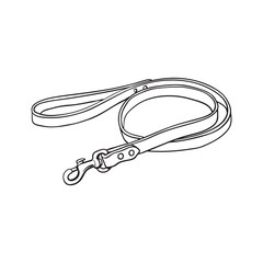 Simple pet, cat, dog brown leather leash with metal fastener, black and white sketch style vector illustration isolated on white background. Hand drawn pet, dog leash, lead made of thick leather