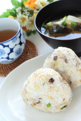 Japanese food, mackerel rice ball and miso soup