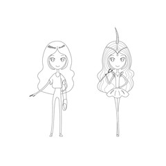 Hand drawn vector illustration of a cute girl with sparkly eyes and long hair, in casual clothes and as a magical unicorn girl.