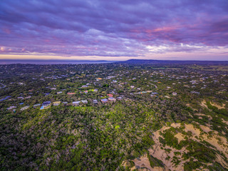 Aerial view of Mornington Peninsula suburban areas near Rye at beautiful dusk. Melbourne Australia