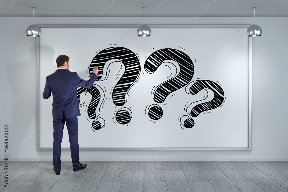 Poster businessman drawing a question mark sketch on a board 3d rendering