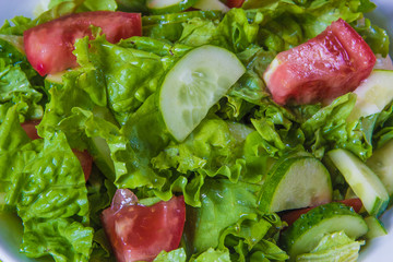 Fresh salad. Tomato, cucumber and greens in white bowl