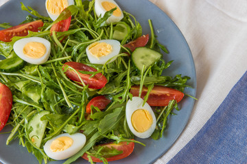 Fresh green salad with arugula, tomatoes, eggs and cucumber