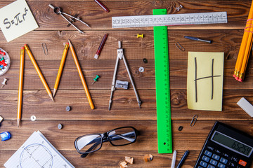 Text math composed of pencils, rulers, circular, sharpener and sticker with the letter