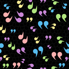 Colorful Quotation marks symbol seamless pattern, isolated on black background. Vector illustration, easy to edit.