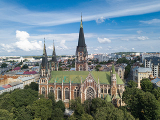 Fototapeta na wymiar Lviv, Ukraine, panorama, downtown bird's-eye view, the historical part of the city, of drone