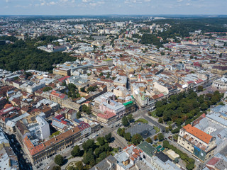 Fototapeta na wymiar Lviv, Ukraine, panorama, downtown bird's-eye view, the historical part of the city, of drone