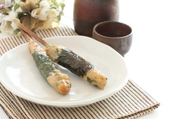 Japanese food, mince chicken with Shiso Yakitori grilled with Shioso