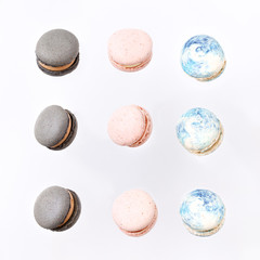 Macarons cake, top view flat lay, fly falling pattern macaroon
