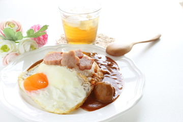 Hawaiian food, sunny side up fried egg and lunch meat