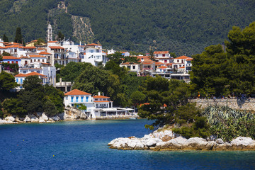 View of the old town on Skiathos island, Greece.

