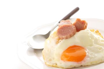 Hawaiian food, luncheon meat and sunny side up fried egg on rice
