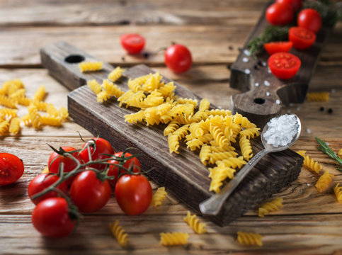 Italian food or ingredients background with fresh vegetables, pasta