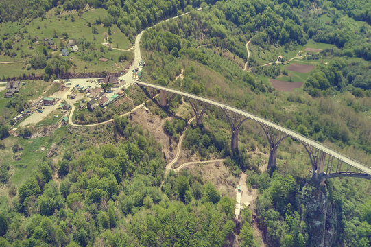 Top view of a transport bridge in the mountains, top view