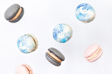 Macarons cake, top view flat lay, fly falling pattern macaroon