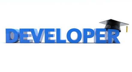 3D illustration of developer text wearing a graduation hat