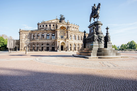 Morning view on the Opera house on Theaterplatz in Dresden city, Germany
