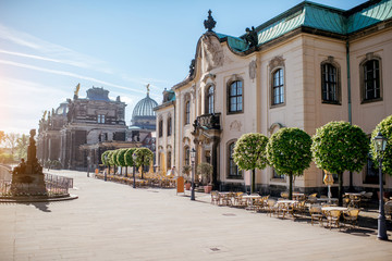 Morning view on the Bruhl terrace with university building in Dresden city, Germany