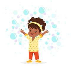 Cute happy little girl playing bubbles vector Illustration