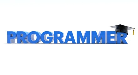 3D illustration of programmer text wearing a graduation hat