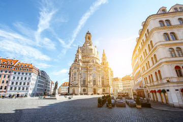 View on the main city square with famous church of Our Lady during the sunrise in Dresden city, Germany - obrazy, fototapety, plakaty