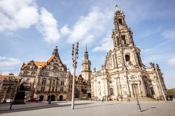 View on the Schlossplatz with church, castle and city gates in Dresden city, Germany