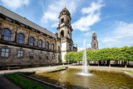 Vew on the Court of Appeal building with fountain on the Bruhl terrace in Dresden city, Germany