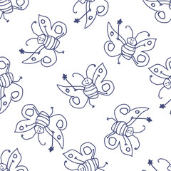 Seamless pattern with thin line doodle happy butterfly fairy sorceress on white background. Vector illustration.