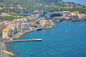 Fototapeta na wymiar The view from the terraces of the Aragonese castle on Ischia island, a magnificent Bay and bridge
