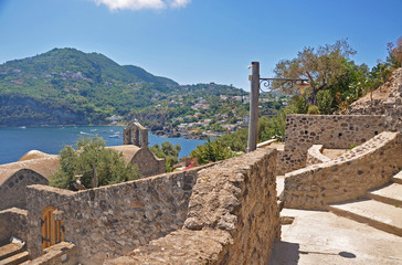 The view from the terraces of the Aragonese castle on Ischia island, a magnificent Bay and to the...