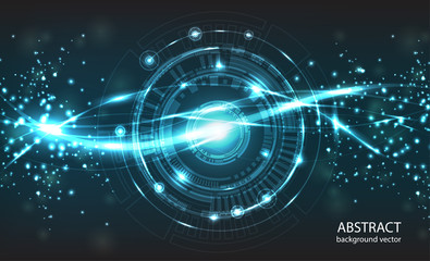 Abstract technology vector background. Composition has bright lights and blurry particles.